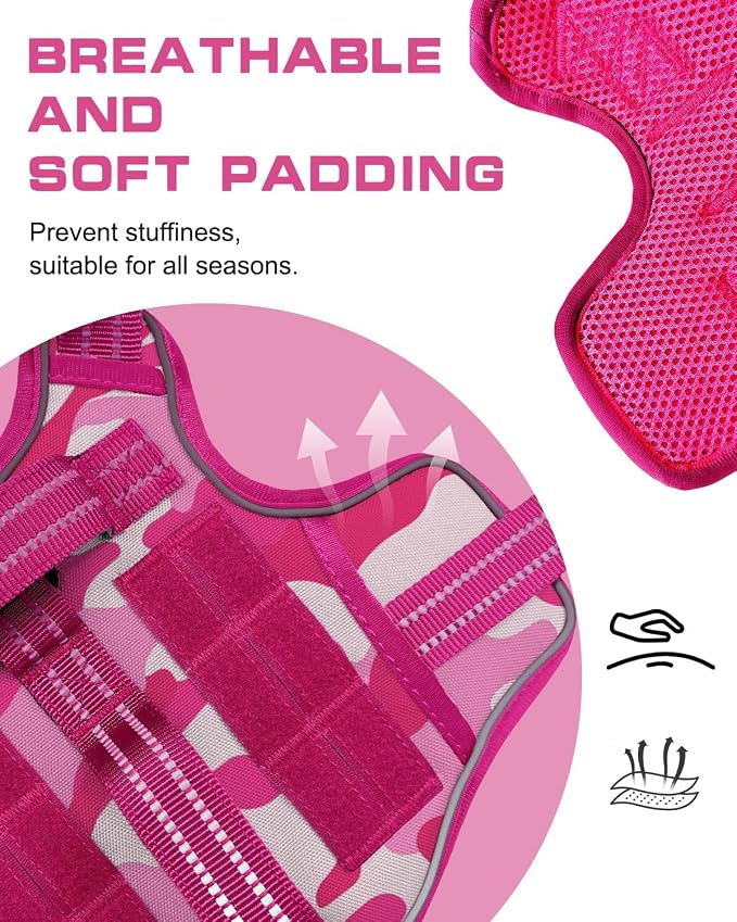 Dog Harness, Tactical No Pull for Small Sized Dog with Handle | Breathable Soft Padded, Adjustable, Reflective, Molle System, Heavy Duty, No Choke for Walking Training, Pink Camo Small