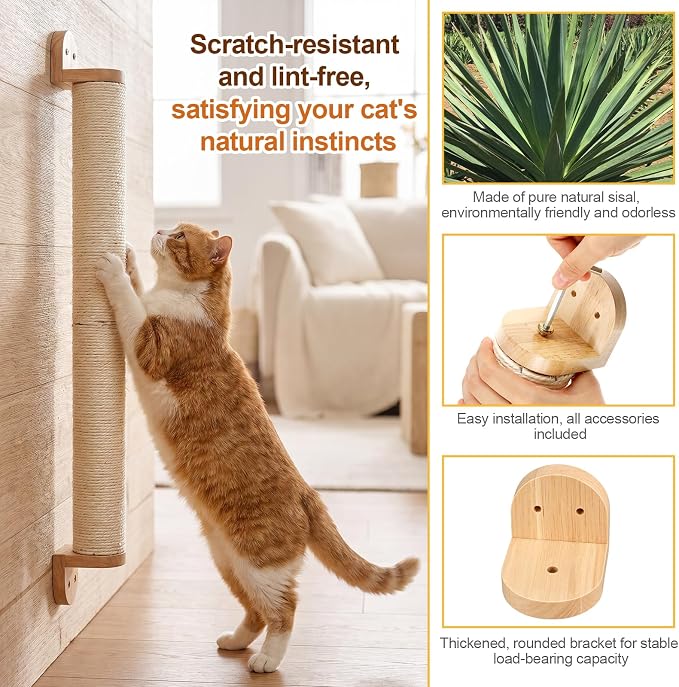 84" Tall Wall Mounted Cat Scratcher Post, Cat Wall Shelves Furniture, 6 Pcs 14 Inch Sisal Climbing Poles with 5 Brackets, Kitten Modular Scratch Tower, Space Saving Pet Supplies