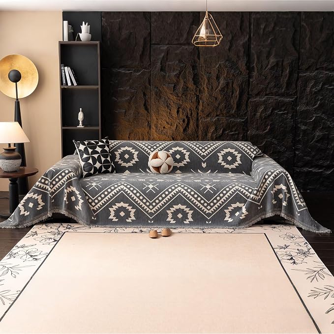 VClife Bohemian Aztec Couch Cover Sectional Sofa Slipcover Washable Chenille Couch Cover for 3 Cushion Couch Sofa - Gray White Tribal Geometric Pattern Furniture Protector with Tassel Edge 71" X 134"