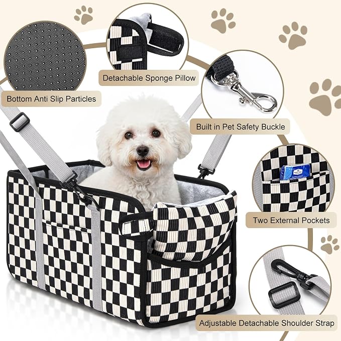 Console Dog Car Seat for Small Dogs, Foldable Booster Seat, Black Checkered | Portable Booster Seat Sits On Car Console/ Armrest. Foldable for Easy Storage. for Center Console, Easy To Clean.