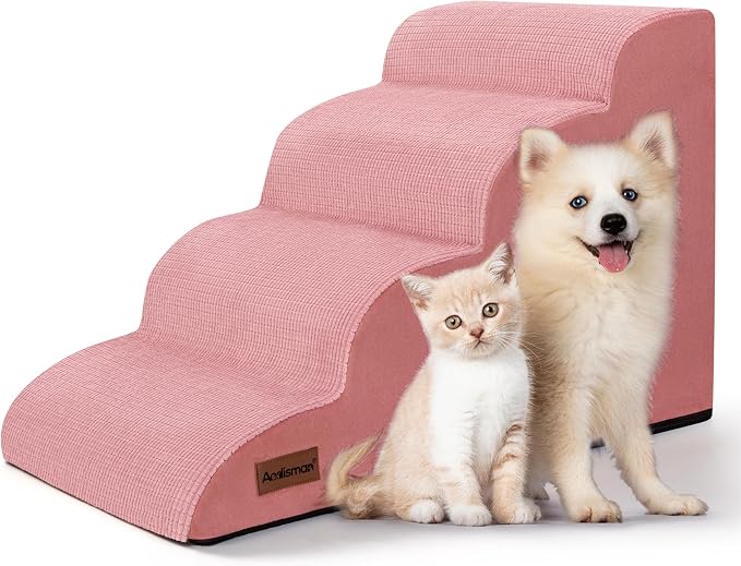 4-Step Dog Stairs for Bed or Couch, Pink Pet Ramp for Small Dogs, Cats | Aodisman Elegant Pink Dog Ramp Designed for Dogs and Cats, Ideal for Beds and Couches, Providing Comfortable Access, 17.7" H