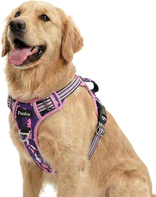 Dog Harness No Pull, Adjustable Pet Vest Harness, Super Soft Material with Vertical Handle Easy Control, Reflective Night Walking, 2 Leash Clips for Large Dogs, Mosaic Pink, L