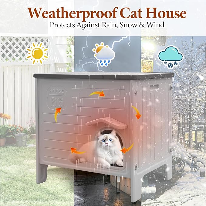 Insulated Cat House Outdoor, Large Plastic Cat Shelter Outside for Winter | Weatherproof, with Escape Door, Plastic Insulated Cats House Indoor Outdoor