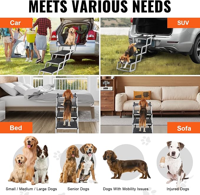 VEVOR Dog Stairs for Car Extra Wide 4-Step Large Dogs, Folding Dog Car Ramp with Nonslip Surface, Portable Pet Steps Lightweight Aluminum for Car, SUV and Truck, Supports up to 250 lbs