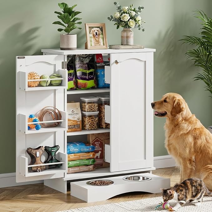 Hometis 23.5"(w) Dog Feeding Station with Storage, Dual Door Hung Storage, Hidden Feeding Bowls,(Off White)