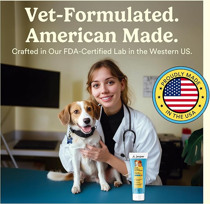 Jasper Dog Tooth Brushing Kit and Dog Toothpaste Kit 360 Dog Toothbrush Enzymatic Plaque Remover Imporves Bad Breath Natural Pet Toothpaste Dog Toothbrush and Toothpaste 2 oz Chicken Flavor