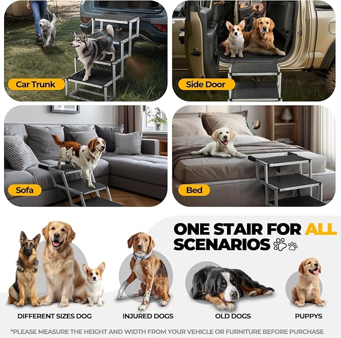 Auto Dynasty Dog Stairs for Car - 4 Steps Wide 31.4in High 25in Foldable Dog Ramp for Car Non-Slip Surface Support up to 150lbs - Suitable for SUV,Truck, Sofas, Bed/Couch