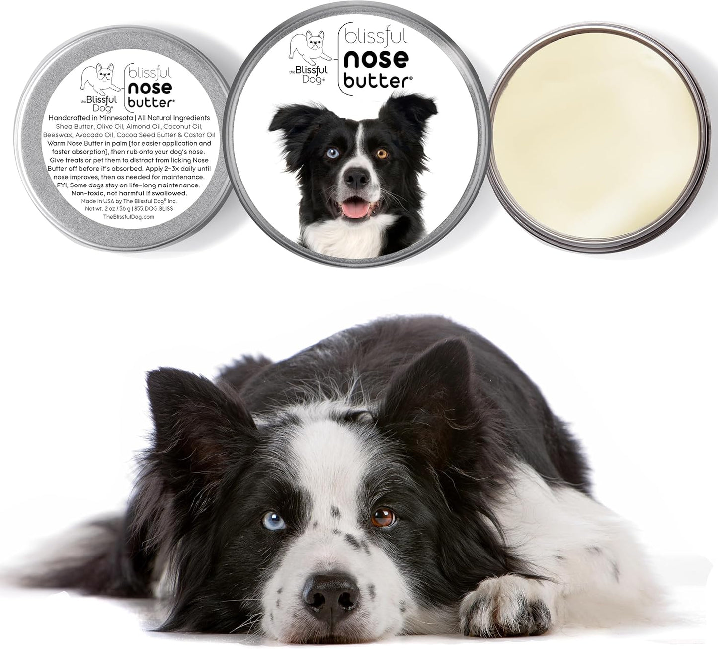 The Blissful Dog Border Collie Nose Butter for Dry, Cracked Skin, Lick-Safe Dog Nose Balm with Moisturizing Shea Butter, Almond, Olive, and Essential Oils, Pet Supplies, Uncented, 2 oz.