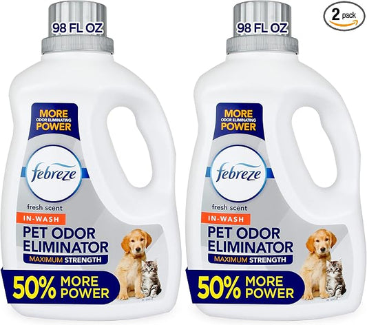 Febreze Laundry Detergent Additive for Pet Supplies,Maximum Strength In Wash Pet Odor Eliminator,Designed to Remove Tough Odors in Fabrics and Clothing-in a Wash,Fresh Scent,98 fl oz,(Pack of 2)