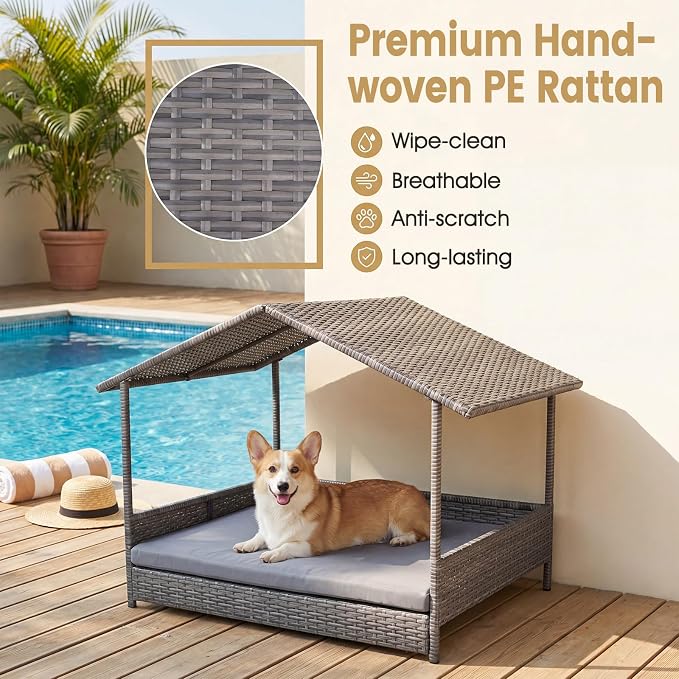 Tangkula Wicker Dog House, Indoor & Outdoor Raised Rattan Bed w/Removable Cushion, Washable Cover, Sloping Roof, Rattan Weather Resistant Puppy Shelter w/Elevated Floor for Small Medium Dogs