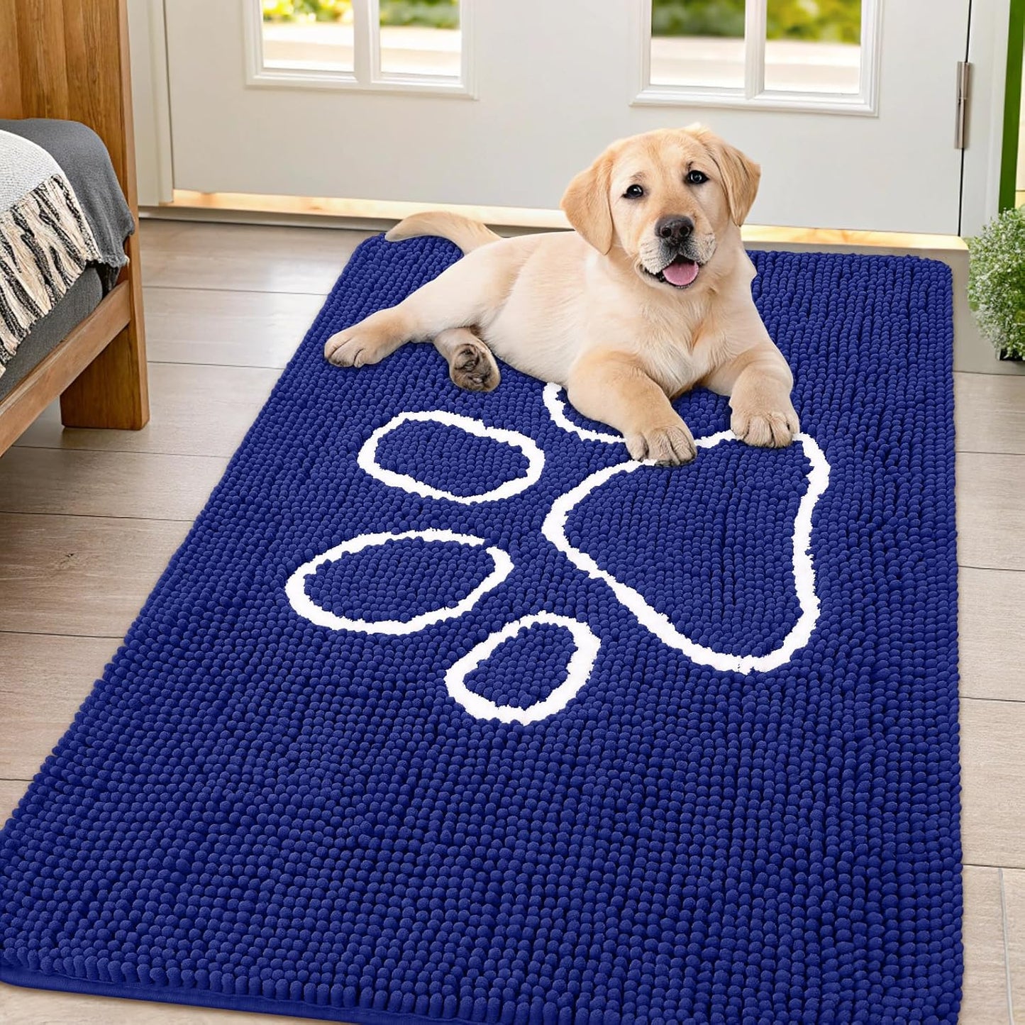 Smiry Dog Door Mat for Muddy Paws, Absorbent Dirt Trapper Non Slip Quick Dry Washable Chenille Mat for Mud Dogs, Entry Rug for Indoor and Outdoor (47x32 Inches, Navy Blue)