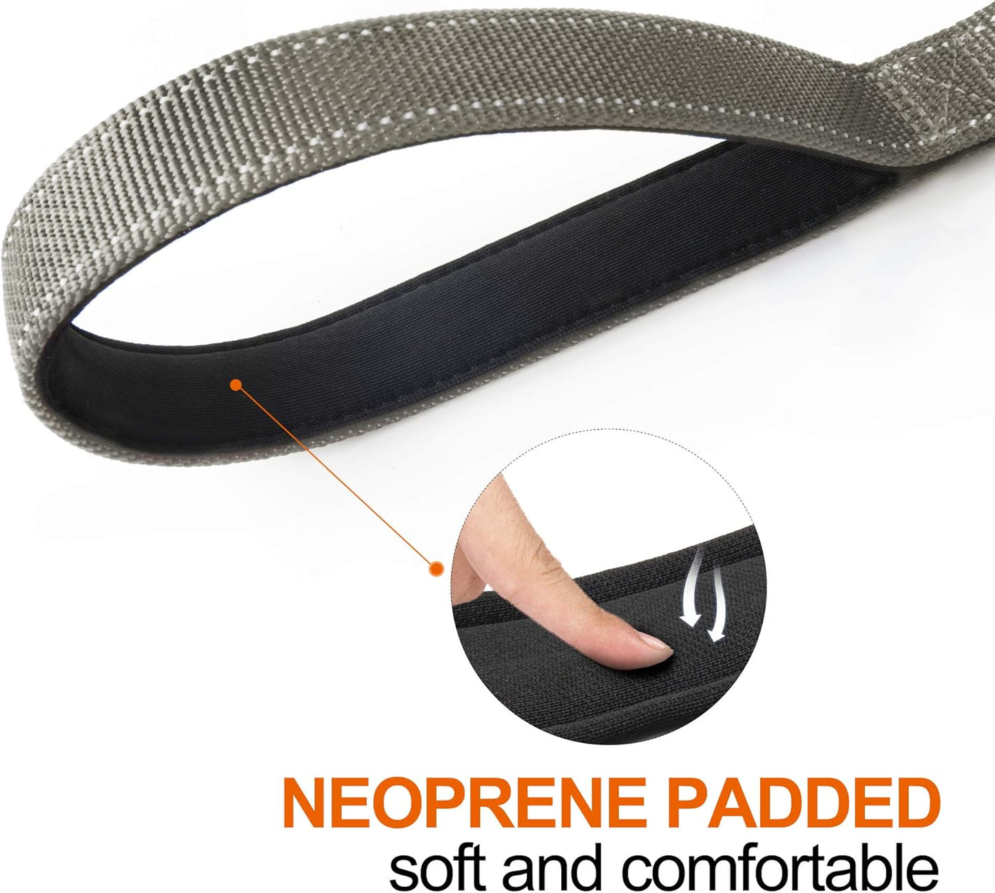 TwoEar 4FT 1IN Strong Gray Dog Leash with 2 Padded Handles, Traffic Handle Extra Control, Comfortable Soft Dual Handle, Auto Lock Hook, Reflective Walking Lead for Small Medium and Large Dogs