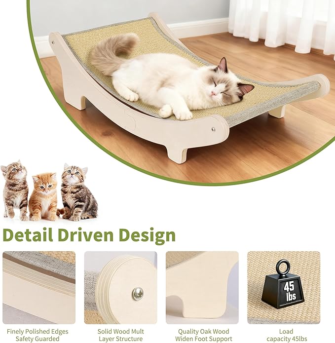 Sisal Cat Scratcher Bed for Indoor Cats, Upgraded Support Rods | Wooden Hammock Lounger, Elevated Scratch Pad for Large Cats up to 10 lbs, Natural Furniture Protector