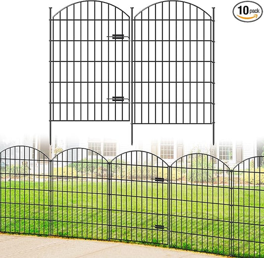 FOREHOGAR Metal Garden Fence with Gate 42in (H) x 23.3ft (L), 1 Gate+ 9 Panels Dog Fence Border Fence Animal Barrier, No Dig Garden Fencing for Yard Flower Bed Lawn Patio Outdoor, ECG4210, Black
