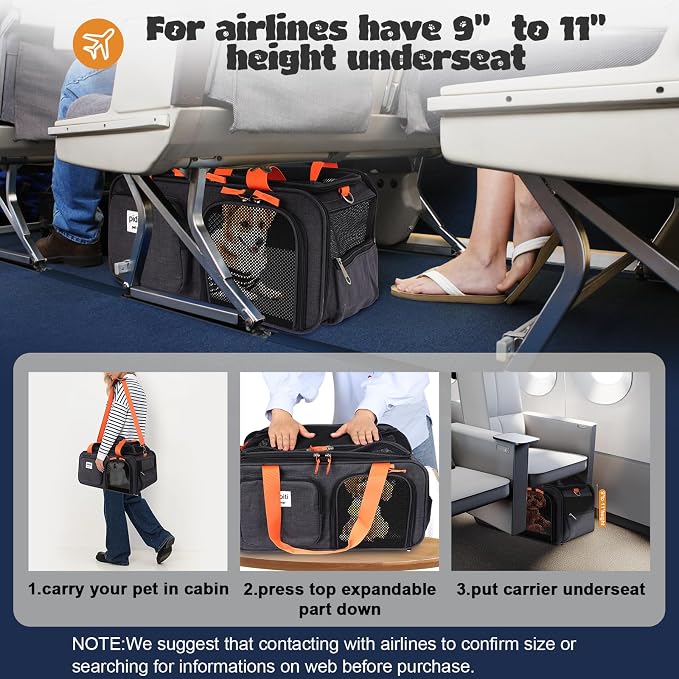 pidipiti 18.5x13x9 TSA Approved top Expandable Soft Sided pet Carrier for Small Dog up to 10 lbs,Medium cat up to 15 lbs. for Southwest and Other Airlines onlt Have 9'' Height Space Under seat