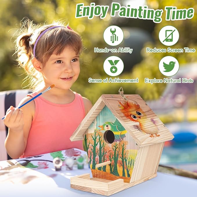 Bird Houses for Outside to Build, DIY Birdhouse Kit with Paint Set, Wooden Bird House with Feeder Trough, Natural Woodworking Kits for Kids and Adults Bird Nest