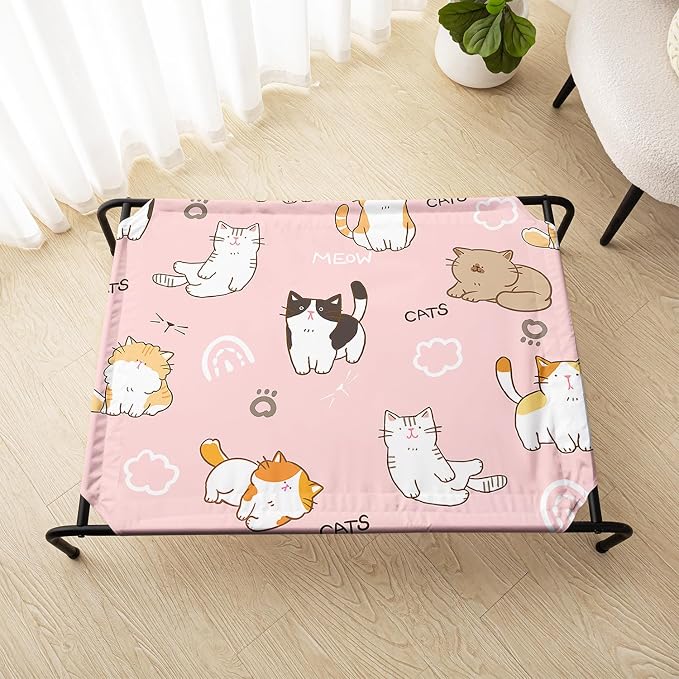 Kawaii Cat Pattern Orthopedic Elevated Dog Pet Bed(35"X25"X8"),with Metal Frame,Printing Breathable Waterproof Dog Kennel,Sleeping Bed Set for Small Medium Large Dogs Cats,for Home,Outdoor Use