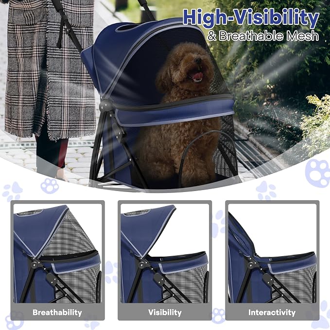 Small Dog Stroller for Small Dogs 10 lbs -22lbs Puppy Stroller Medium Dog Wagon Stroller Small Pet Stroller for Cats, Cat Strollers for 2 Cats, Rear Storage, Navy Blue