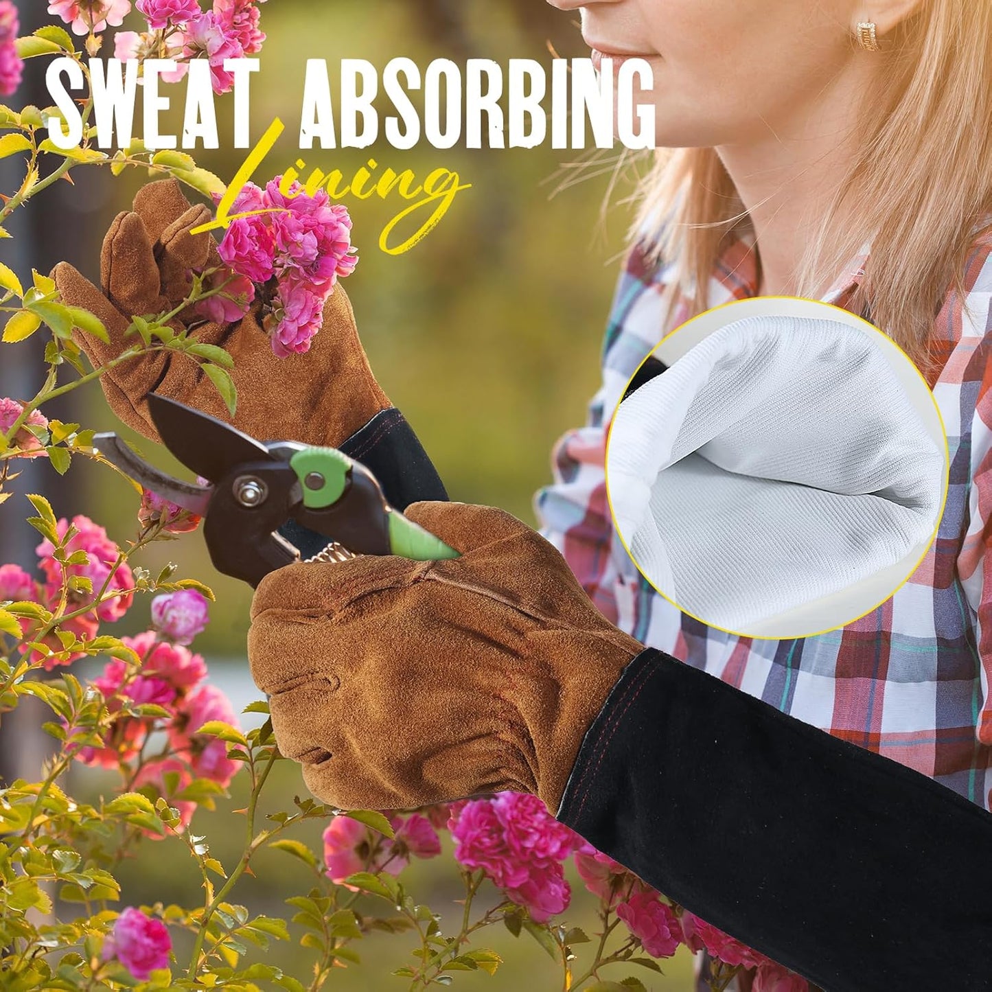 HANDLANDY Leather Gardening Gloves for Men & Women, Rose Pruning Thorn Proof Garden Glove, Long Sleeve Gauntlet Gloves (Black-brown, Medium (Pack of 1))