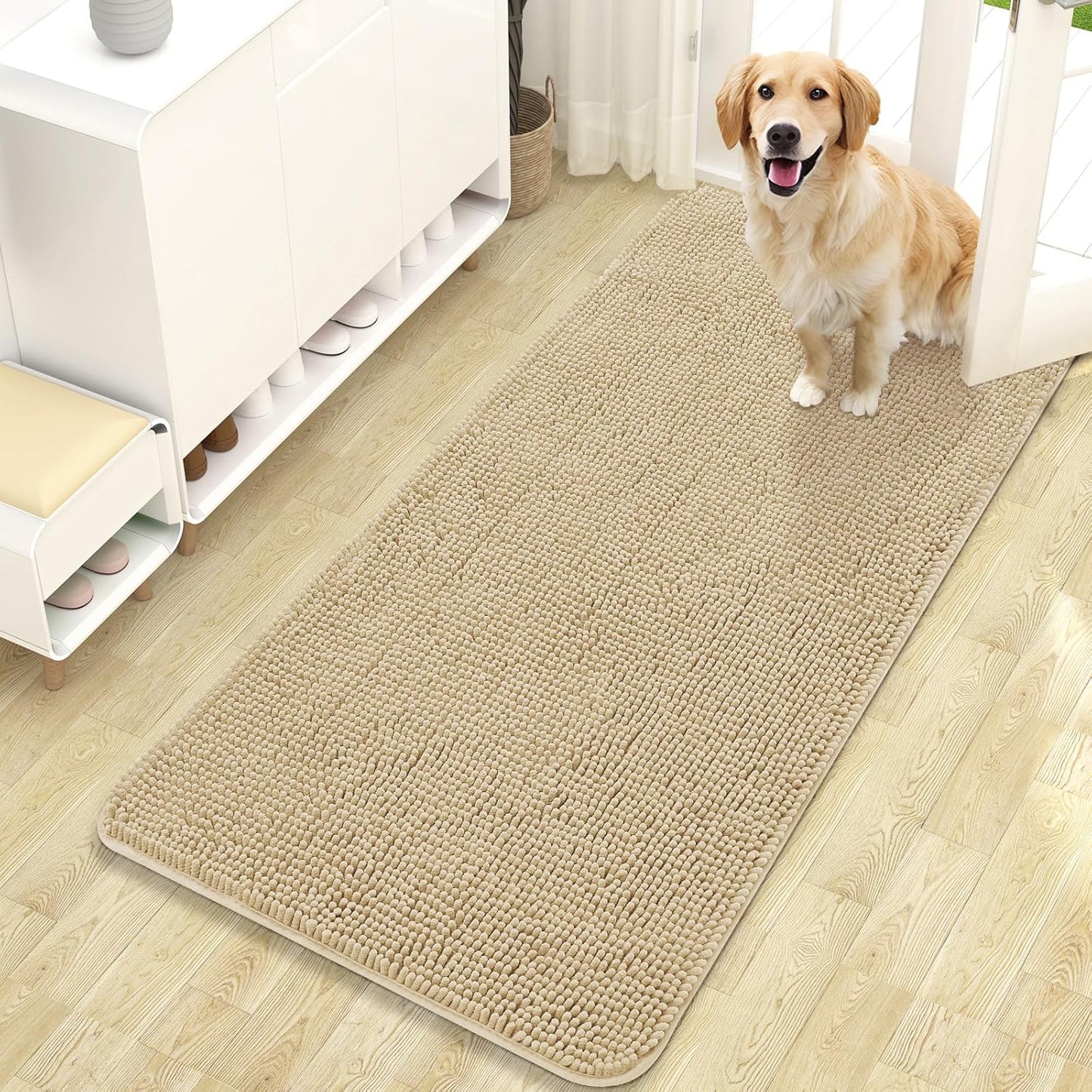 OLANLY Dog Door Mat for Muddy Paws 47x24, Absorbs Moisture and Dirt, Absorbent Non-Slip Washable Doormat, Quick Dry Chenille Mud Mat for Dogs, Entry Indoor Entryway Carpet for Inside Floor, Beige