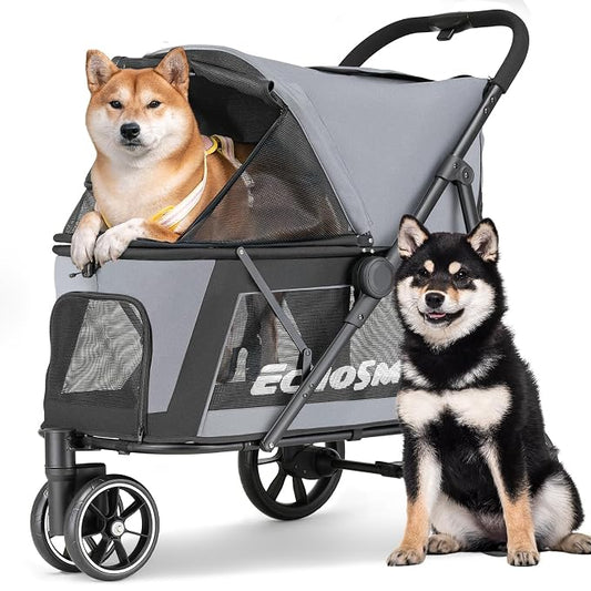 EchoSmile Dog Stroller for Medium & Small Dogs, Foldable Pet Stroller with 3 Wheels & Brakes, All-Terrain Cat Dog Carrier with Breathable Mesh, Safety Leash and Storage Pocket, Gray