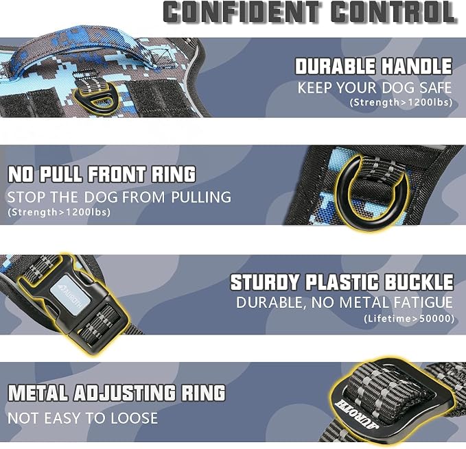 Auroth Tactical Dog Training Harness No Pulling Front Clip Leash Adhesion Reflective K9 Pet Working Vest Easy Control for Small Medium Large Dogs Blue Camo M