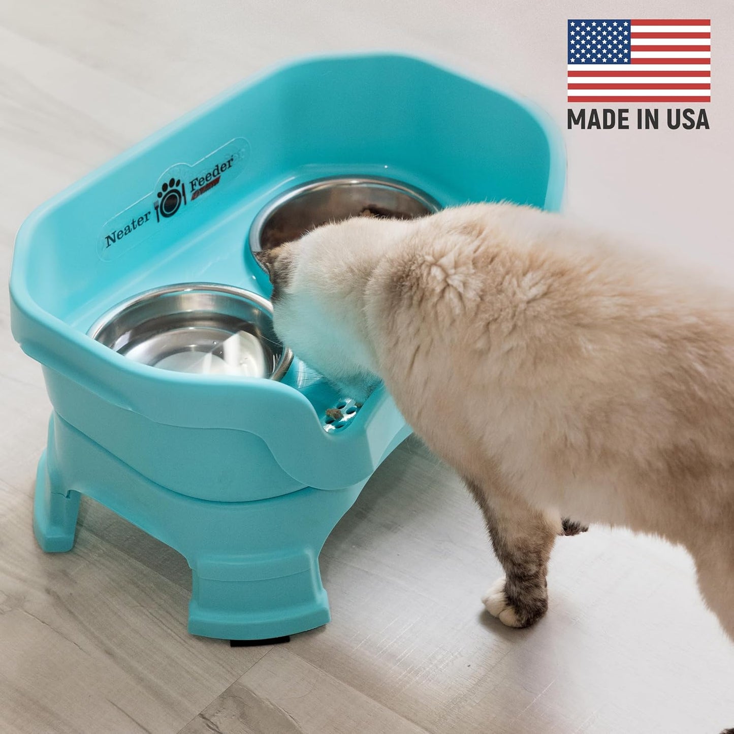 Neater Feeder Deluxe Mess Proof Cat Bowls Elevated for All Breeds – Made in USA – No Spill Raised Cat Bowls for Indoor Cats w/Leg Extensions – Stainless Steel Cat Food and Water Bowl Set - Teal