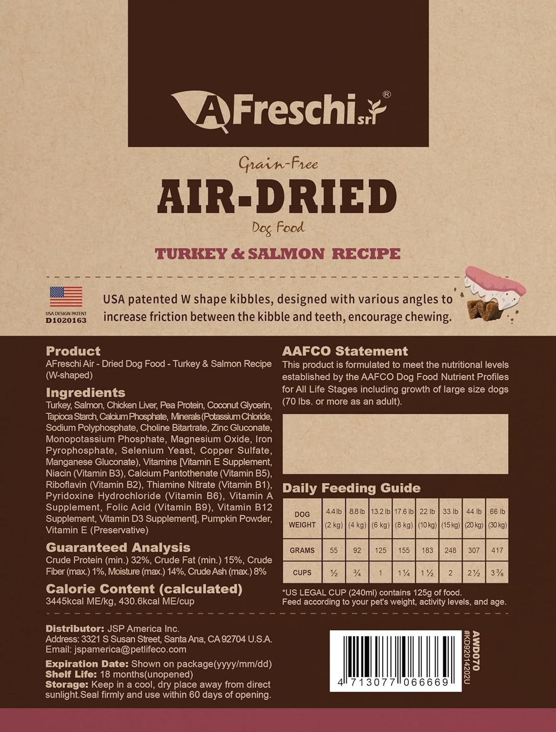 AFreschi Air-Dried Dog Food Turkey & Salmon Recipe 1 lb, All-Natural, Complete & Balanced, Grain-Free, High-Protein, Limited Ingredients