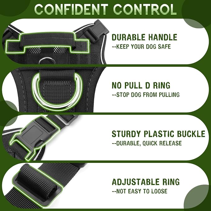 Tactical Molle Vest Mesh Dog Harness with 10 Removale Pet Patches | Breathable Service Dog harness with Double Soft Padded Handle for Large Dog, Reflective Military Pet Vest for Walk Hiking