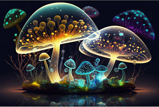 Mushroom Aquarium Background Abstract Glowing Fantasy Mushrooms Terrarium Background Mysterious Forest Magical Night In Circle Shape Crystal Glass Fish Tank Backdrop Decorations Vinyl 60x24in