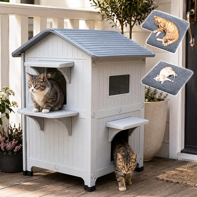 Outdoor Cat House 2 Story HDPE Weatherproof for Feral Cat, Grey with Mat | 21.5" D x 21" W x 34" H, Plastic Elevated Insulated Cat Shelter with Escape Door, Easy Clean & Assemble, Expansive Interior‌