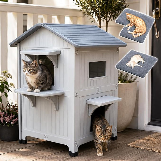 Outdoor Cat House 2 Story HDPE Weatherproof for Feral Cat, Grey with Mat | 21.5" D x 21" W x 34" H, Plastic Elevated Insulated Cat Shelter with Escape Door, Easy Clean & Assemble, Expansive Interior‌