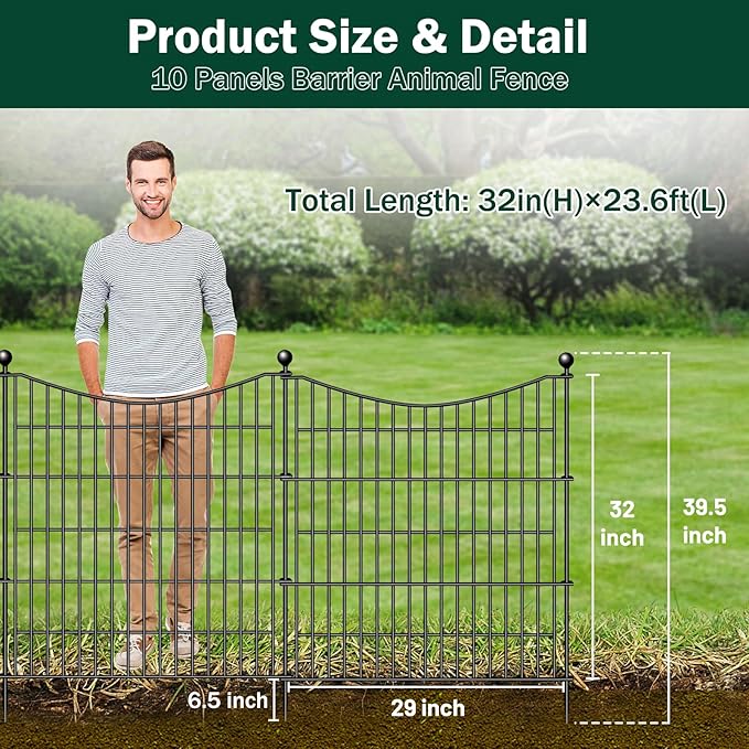 10 Panels No Dig Dog Fence Outdoor for Yard, 32 in(H) X 23.6 ft(L) Decorative Tall Garden Fence Animal Barrier, Rustproof Metal Wire Garden Edging and Borders, Temporary Fencing Stakes