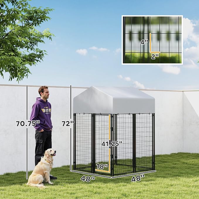PawHut Outdoor Dog Kennel with Roof, 4' x 4' x 6' Heavy Duty Welded Wire Dog Playpen Enclosure with Escape-Proof Lock, UV-Resistant & Waterproof Cover, for Medium Dogs, Chickens, Ducks, Silver | Heavy Duty Welded Wire Dog Playpen Enclosure, Escape-proo...