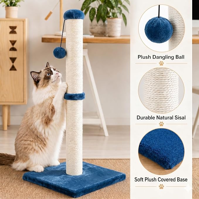 Dimaka 34" Height Tall Cat Scratching Post, Claw Scratcher with Sisal Rope and Covered with Soft Smooth Plush, Vertical Scratch [Full Strectch] Cats (Blue, 34 inches for Large Cats)