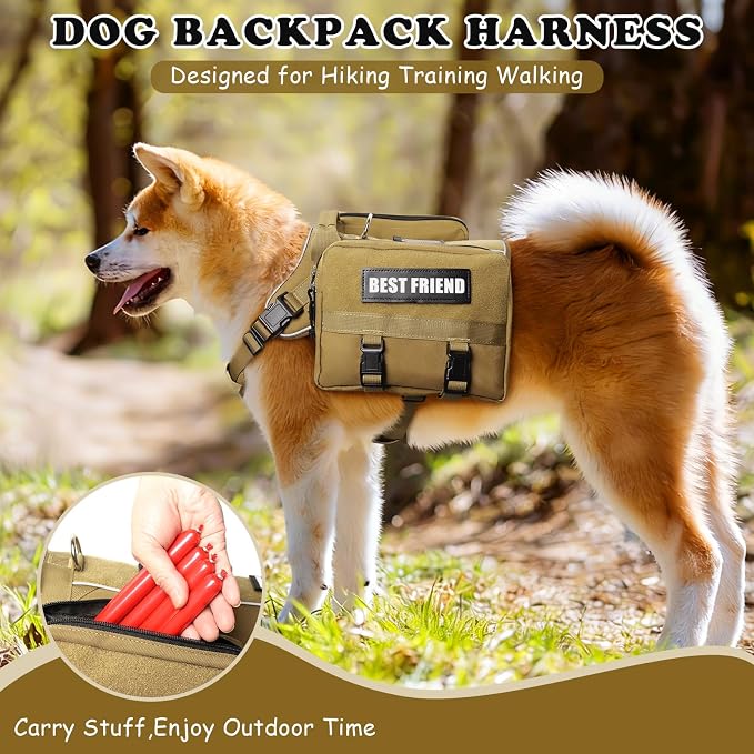 Dog Backpack Harness and Leash Set for Medium Sized Dog Brown M | Removable Side Pockets Dog Vest with Padded Handle&MOLLE,No Pull Front&Back Metal Clips for Hiking Training Walking Hunting