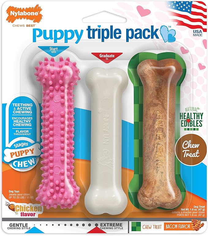Nylabone New Puppy Starter Kit, Chew Toys & Natural Chew Treat for Puppies, Puppy Enrichment Teething Toys, Pink, Long Lasting Chicken & Bacon Flavor, Small Dogs - Up to 25 Ibs, 3 Pack