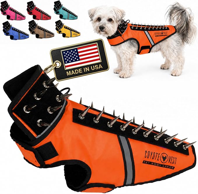 CoyoteVest SpikeVest Dog Harness, Made in the USA, S-Fluorescent Orange | Stab-Resistant Protective Vest | Coyote Vest for Dogs | Defends Against Coyotes, Dogs, Birds of Prey | Reflective Safety