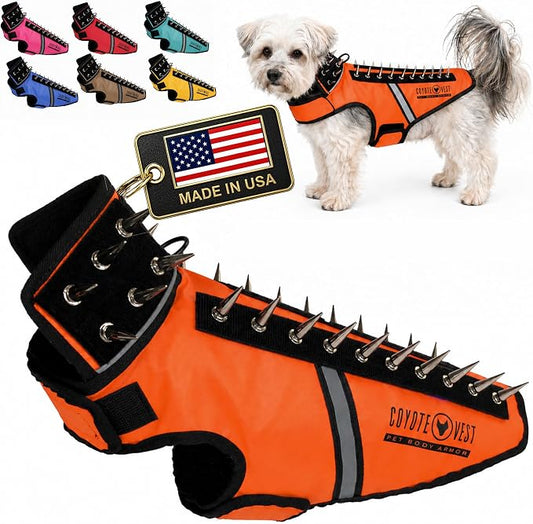 CoyoteVest SpikeVest Dog Harness, Made in the USA, S-Fluorescent Orange | Stab-Resistant Protective Vest | Coyote Vest for Dogs | Defends Against Coyotes, Dogs, Birds of Prey | Reflective Safety