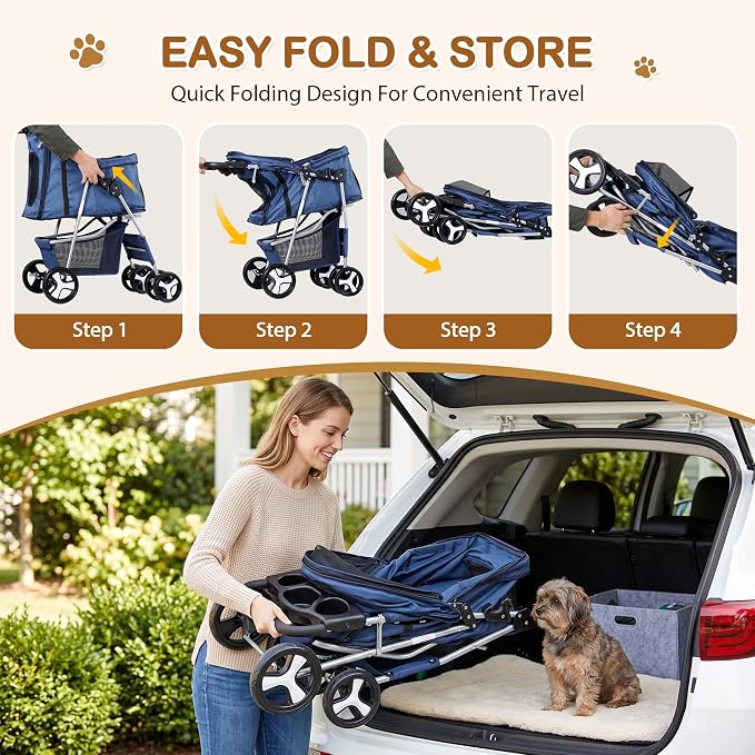 Pet Stroller 4 Wheels Dog Cat Stroller for Small Medium Dog Cats Carrier Jogger Travel Foldable Puppy with Storage Basket and Cup Holder (Navy Blue)