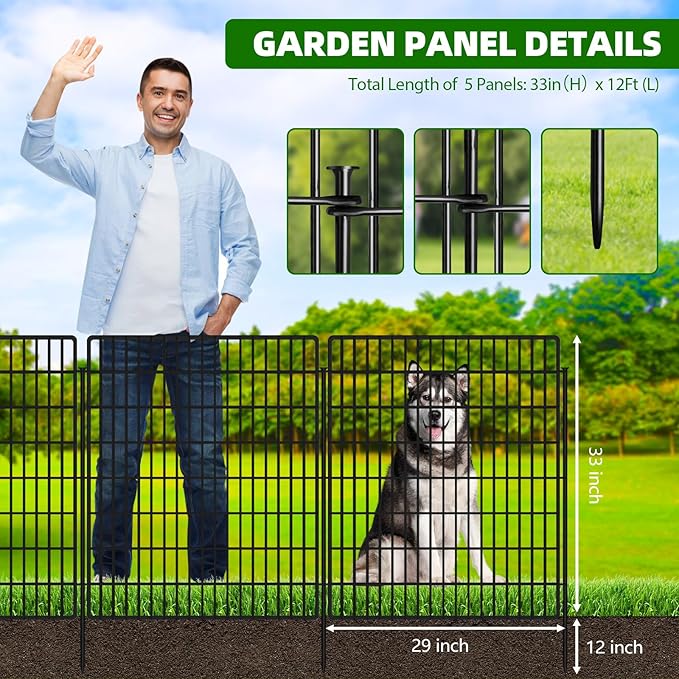 5 Panels Garden Fencing Animal Barrier with Lock, 33 in(H) X 12 ft(L) Dog Fence Outdoor for Yard Rustproof No Dig Decorative Tall Garden Fence Metal Wire Panel Border Rabbit Ground Stakes Fencing