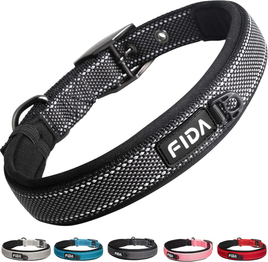 Fida Heavy Duty Dog Collar, Ultra Comfortable Soft Neoprene Padded, Adjustable Reflective Nylon Pet Collar with Durable Metal Belt Buckle for Medium Breeds (M, Black)