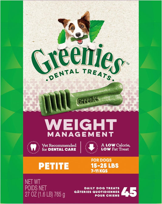 Greenies Weight Management Petite Dog Dental Chews Weight Control Dog Treats, 27 oz. Pack (45 Treats)