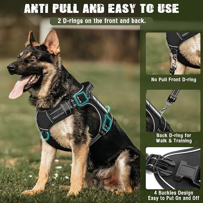 Tactical Dog Harness and Leash Set for Large Dogs+10 Dog Patches | Heavy Duty No Pull Service Dog Vest with Dog Seat Belt,Padded Handles,Adjustable Reflective for Training Hiking Black L