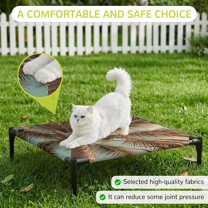 Outdoor Elevated Dog Bed for Small Dogs, Summer Palm Tree Breathable Cooling Raised Dog Cot for Indoor/Outdoor, Tropical Plants Botanical Trees Waterproof Elevated Pet Beds, S 20 x 20 in