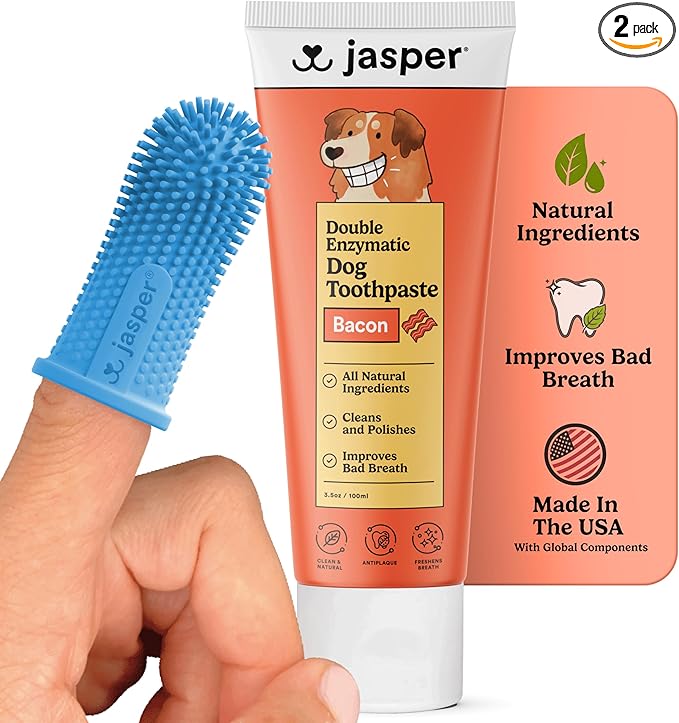Jasper Dog Tooth Brushing Kit and Dog Toothpaste Kit with Dog Toothbrush Enzymatic, Plaque Remover Imporves Bad Breath Natural Pet Toothpaste Dog Toothbrush and Toothpaste 2 oz Bacon Flavor