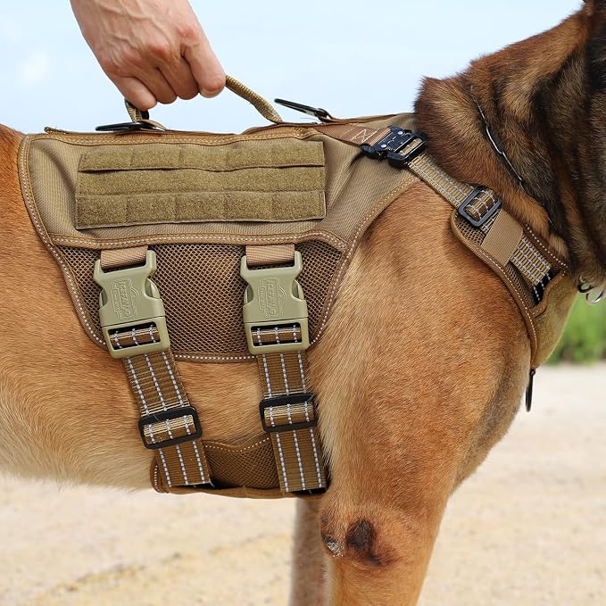 ICEFANG Tactical Mesh Dog Harness for Large Dogs,Reflective Dog Molle Vest | Summer-Cooling, Control Handle,Adjustable,Front Hook,3 Leash Clips,Soft Padded,No Pull,Brown,Large