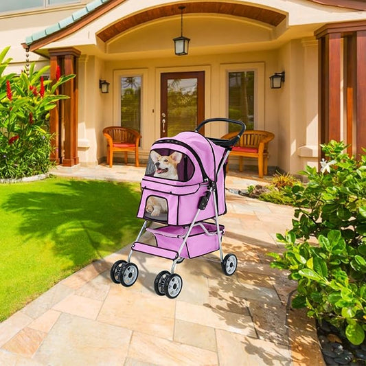 Pet Stroller for Small Medium Dogs & Cats, 4-Wheel Breathable Compact Foldable Dog Carrier with Storage Basket, Outdoor Portable Lightweight Travel Stroller for Camping,Pink