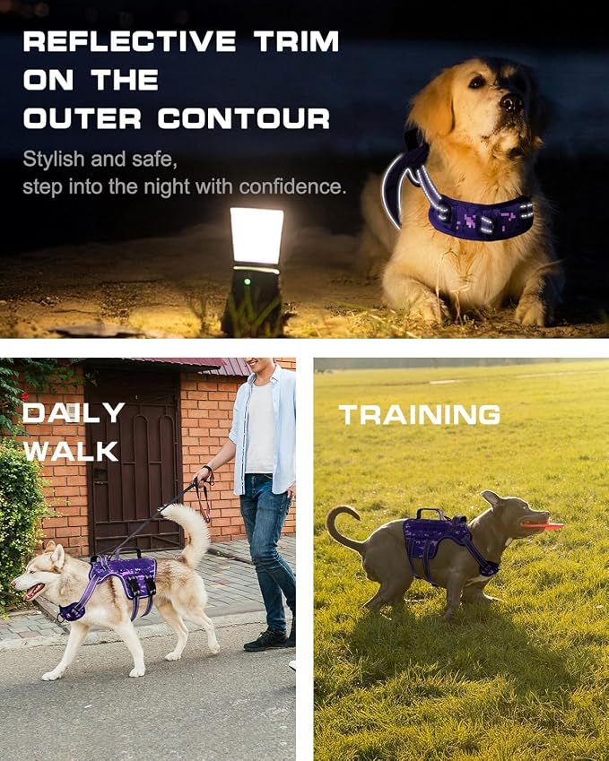 Dog Harness Medium Sized Dog, No Pull Dog Vest with Molle System | Tactical, Easy Control With Handle, Breathable Soft Padded, Adjustable, Reflective, No Choke for Walking, Purple Camo Medium
