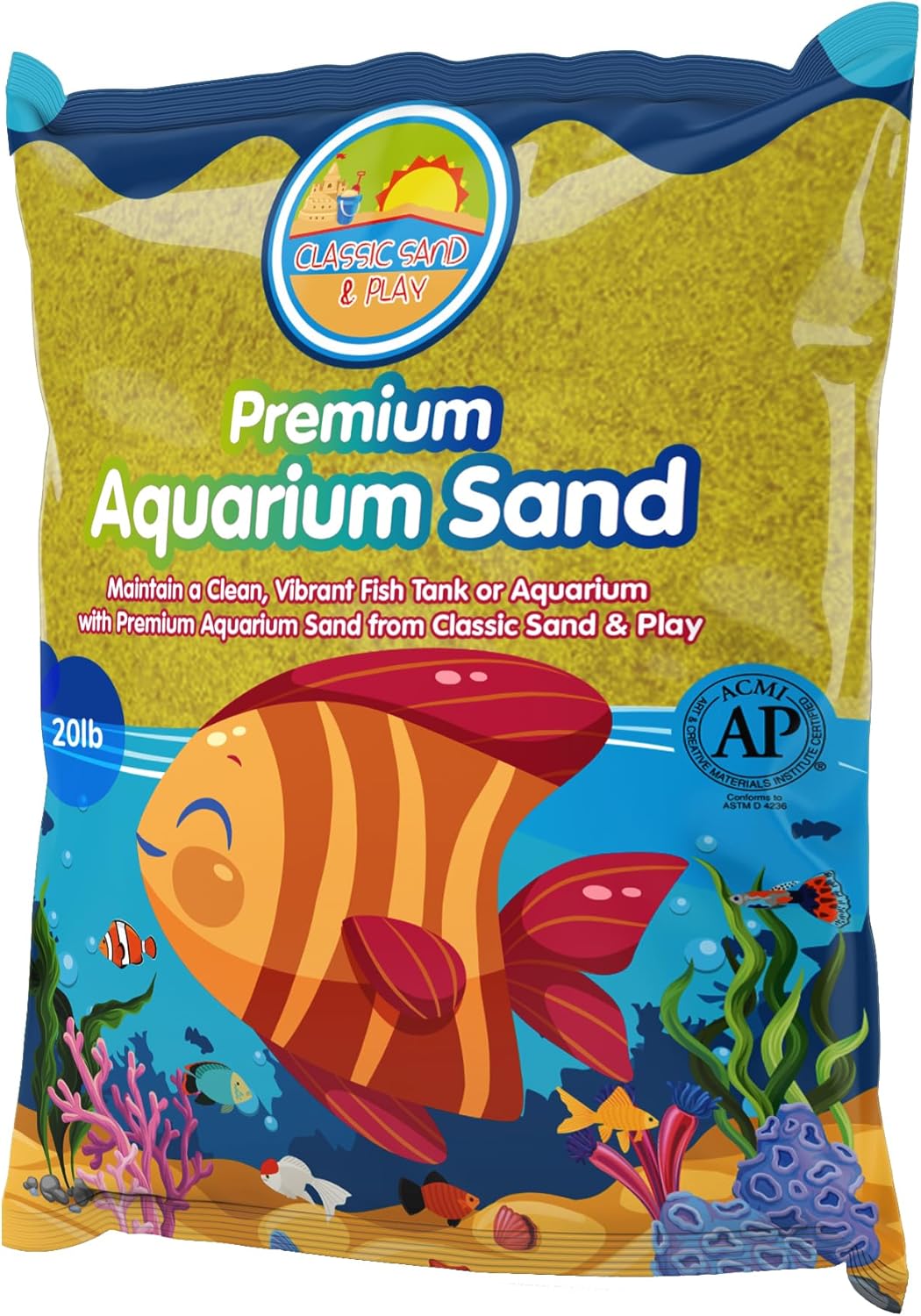 CLASSIC SAND & PLAY Natural Aquarium Sand for Freshwater and Saltwater Tanks, 20 lb. Bag, Improves Filter Life and Filtration Process, Pre-Washed Fine Sand, Yellow